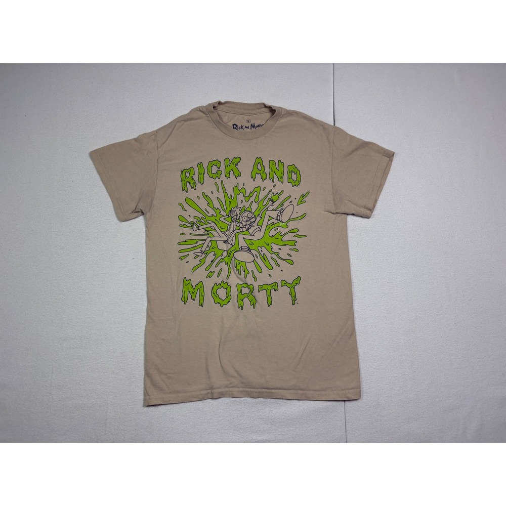 Rick and Morty Adult Swim Graphic T-Shirt Tan Neon Green Slime Mens Small